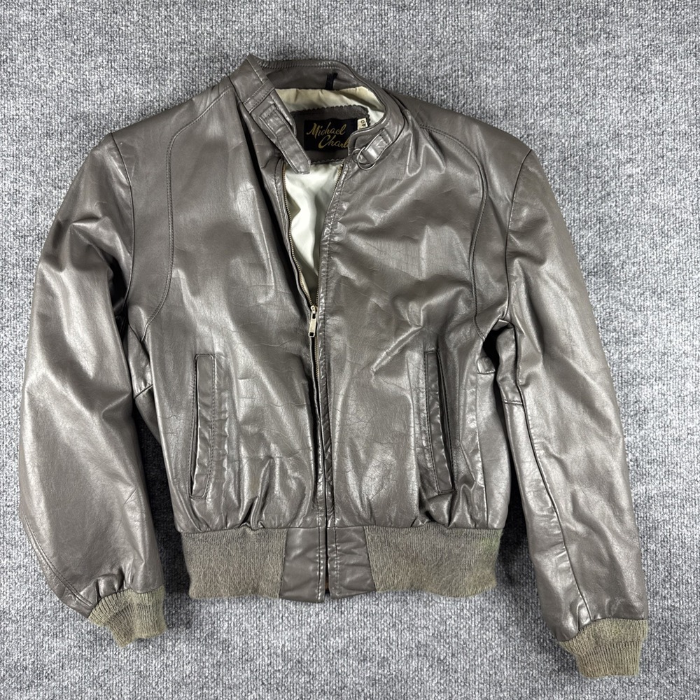 Vintage 70's Michael Charles Men's Grey Leather Bomber Biker Coat/Jacket Size 40